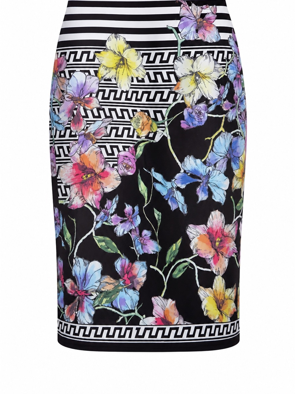 Saks Fifth Avenue Black Pencil Skirt with Multicolor Floral and Graphic Trim